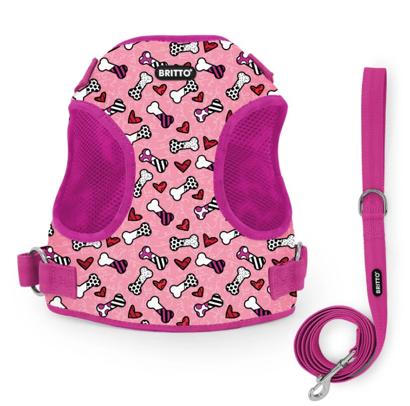 BRITTO® PET SMALL DOG HARNESS AND LEASH - Pink Bones and Hearts